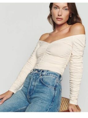 Reformation Leonora Off-Shoulder Ruched Knit Top in Cream